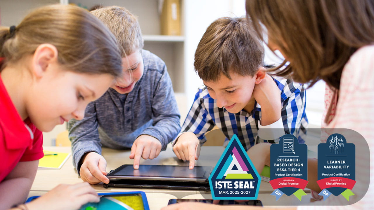 Students collaborating on tablets in a classroom, with visible badges for ISTE Seal, Research-Based Design, and Learner Variability certification from Digital Promise.