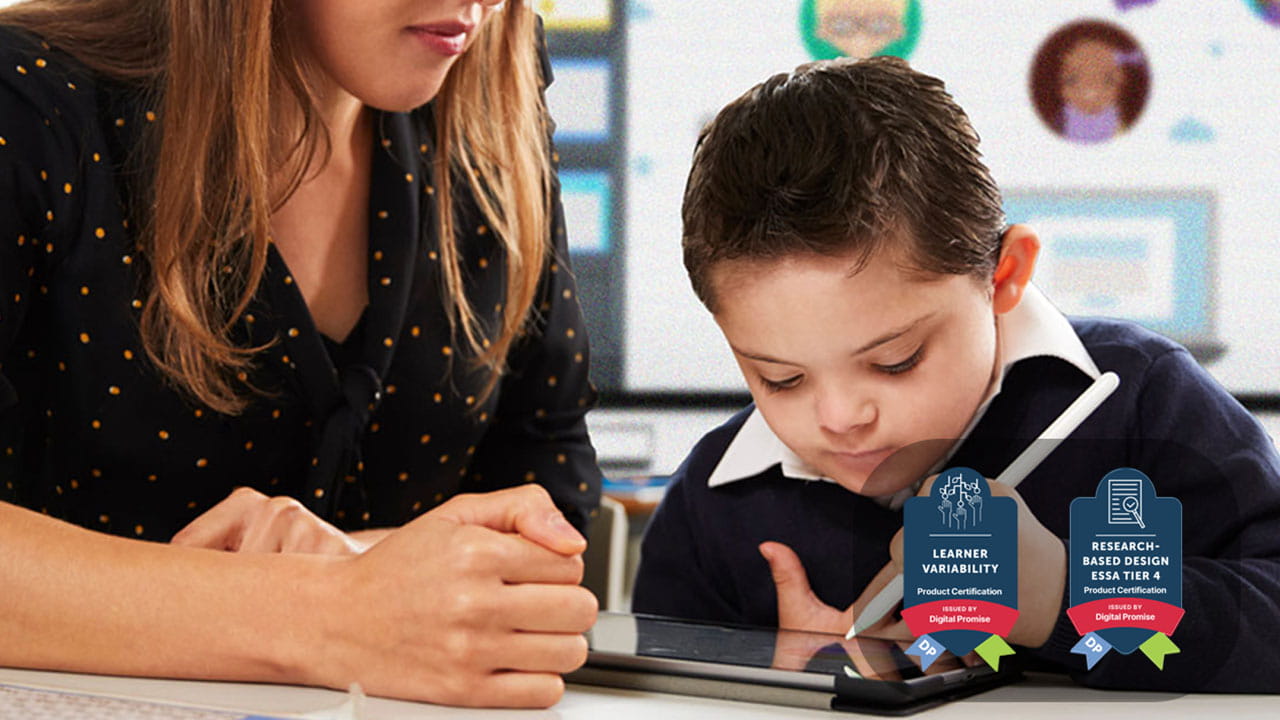 A student engaged in inclusive digital learning with teacher support, highlighting SMART’s Digital Promise certifications for learner variability and research-based design.