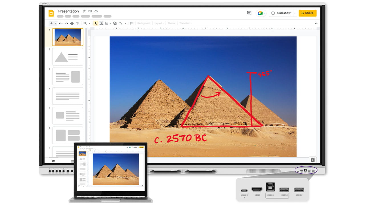 A SMART Board connected to a laptop via USB-C, displaying a lesson on the Pyramids of Egypt.