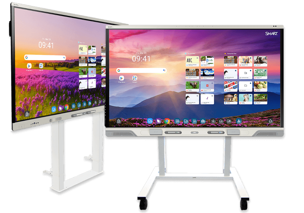 Height-adjustable stands supporting SMART interactive displays, with vivid backgrounds of lavender fields and mountains.
