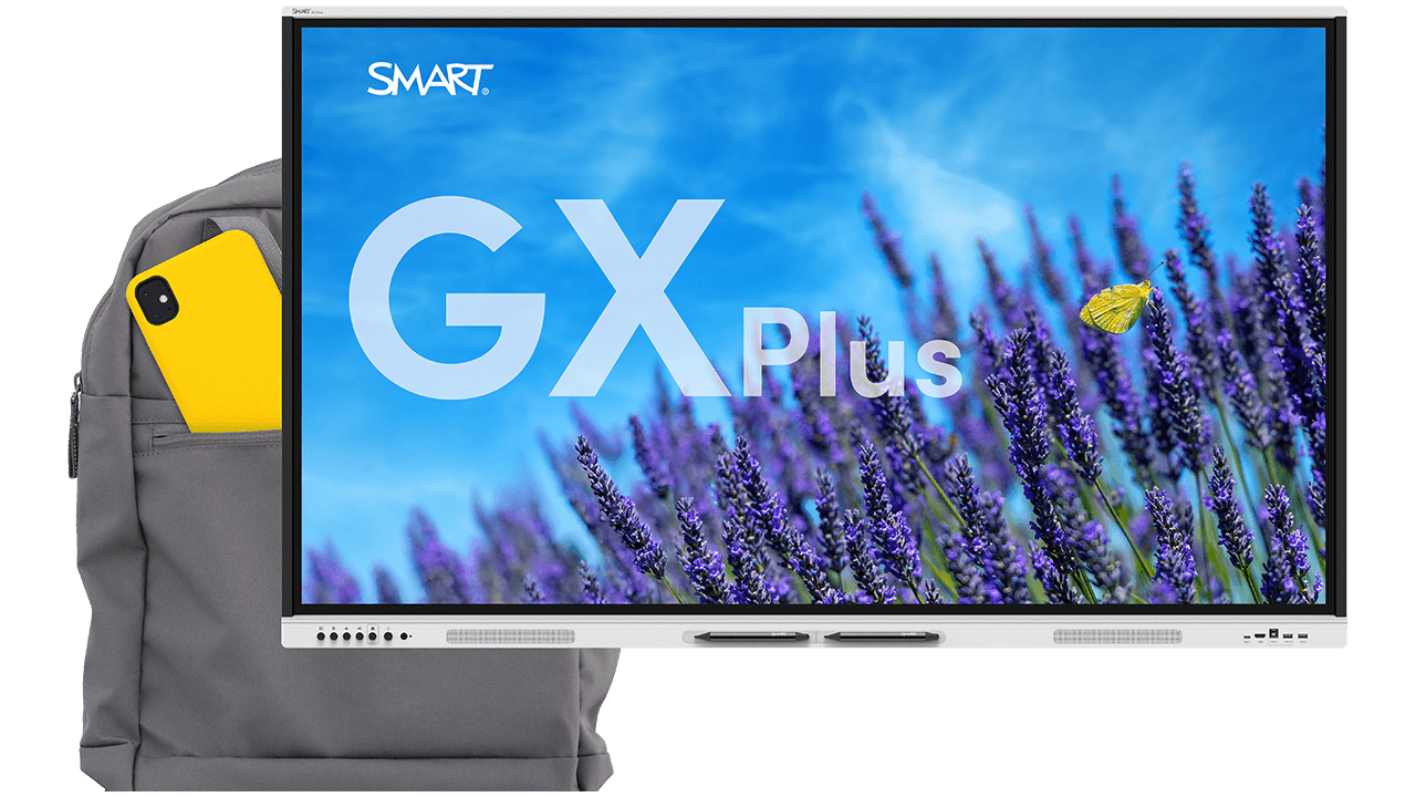 SMART Board GX Plus series front view with a vibrant lavender field and a butterfly background and a backpack