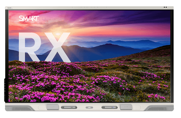 The SMART Board RX series interactive display features a stunning mountain landscape at sunset.