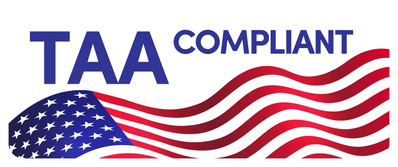 Logo depicting the TAA Compliant status, featuring a wavy American flag design under bold text.