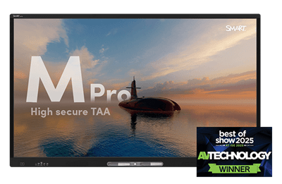 The M Pro high secure series TAA interactive display, showcasing a stunning sunset scene with a submarine in calm ocean waters.